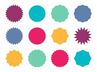 Starburst colorful badges. Color star sticker price tag, sale simple emblem and blank label, round promotion decoration empty element with copy space collection, vector isolated set