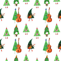 Seamless pattern illustration which contains christmas freak trees with music instruments isolated on white background - 391335990