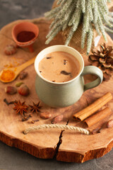 A cup of hot chocolate with spices in winter decor