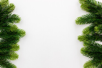 Fir branches border on white background, christmas backdrop