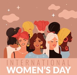 International women day. Young ladies different nationalities, female greeting card, variety hairstyles heads, multiethnic girls portrait, girl power concept. Vector holiday poster