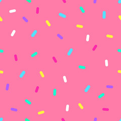 Vector seamless pattern of pink donut glaze with colorful decorative sprinkles Bright icing on pink background Flat design