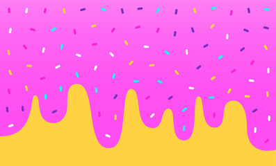 Doughnut glaze Vector illustration with copy space Melting icing with bright colorful sprinkles on yellow background