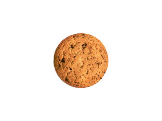 Homemade oatmeal cookie Top view photo in minimal style One cookie with chocolate chips on white background