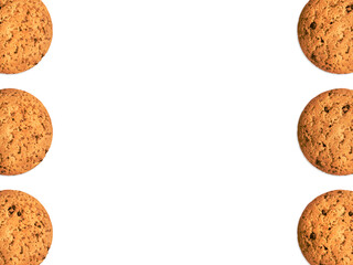 Poster template with oat cookies Top view photo Many biscuits in two rows on white background