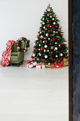 New Year's Eve Christmas tree interior with holiday decor gifts