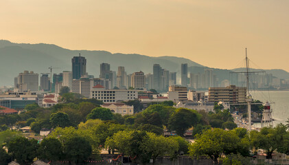 Looking out over Fort Cornwallis towards modern Penang at sunset