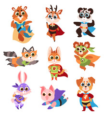 Hero animals characters. Cute children animals superheroes in active poses collection, fun kids creatures panda and raccoon, deer and cat, hare and pig in comics costume flat vector set