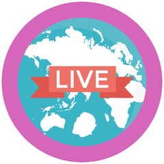 
Globe with live ribbon sign, live transmission vector icon
