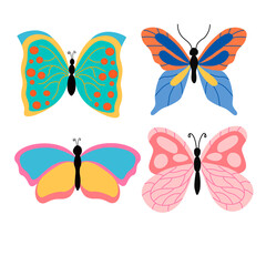 Obraz na płótnie Canvas Set of bright beautiful tropical butterflies on a white background, in vector grphics. For the design of postcards, posters, notebook covers, packaging, prints on pillows, mugs