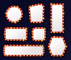 Retro light frames. 3d realistic luminous vintage frames with light bulbs perimeter around, cinema, theatre and casino elements, mirror with lamps, signboard or advertise vector set
