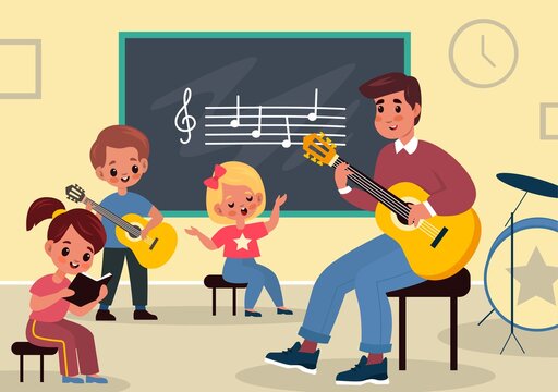 Music class learning. Young students listen teacher. Man with guitar teaches children in classroom interior, elementary school or kindergarten kids musical education vector cartoon concept