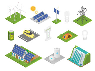 Isometric green technologies. Innovative eco industry collection, alternative energy sources sun battery and windmill, replenishable resources and recyclable waste vector isolated set