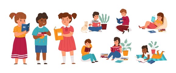 Kids readers. Boys and girls reading books, young literature fans in different poses, students new knowledge learning, bookstore and library concept cartoon vector characters set