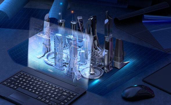 Laptop screen projected on to prototype of futuristic city