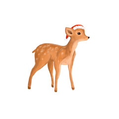 Christmas little cute fawn in a Santa Claus hat in photoshop. 