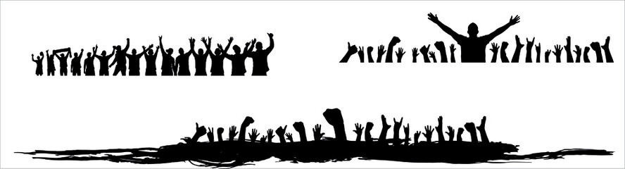 Set silhouettes of soccer player with trophy, winner, american football player and goalkeeper in mosaic and fans on grunge background. The crowd of fans, the winner's cup.