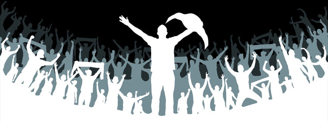 Abstract silhouette of a boxer-fighter on a white background. A crowd of fans, extras. The boxer is the winner. Convenient organization of the eps file. Vector illustration. Thank you for watching