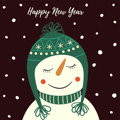 Cute snowman in an elegant hat. New Year card. Christmas and New Year design.