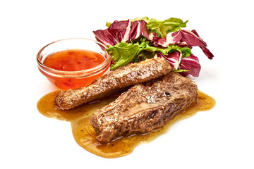Stuffed ribs with sauce, isolated on white background