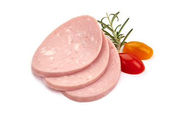 Boiled Bologna Sausage, Cooked ham, isolated on white background