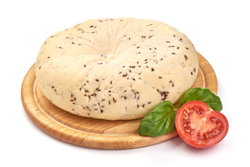 Cheese with cumin seeds, isolated on white background