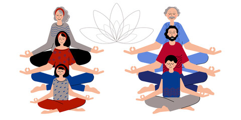 Yoga is for Everyone. Group of Pople Difrent Age Meditate Together to feel more Relaxed, Clam and Free. Meditating in Yoga pose.