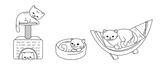 Set of vector outline illustrations. Beds for cats.