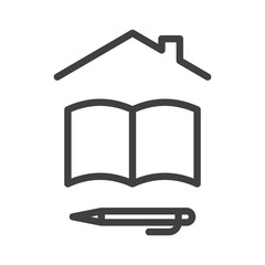 Self-isolation and quarantine home education icon. A simple linear image of a notebook or book, as well as a ballpoint pen or pencil under the roof of the house. Isolated vector on white background. © Artem