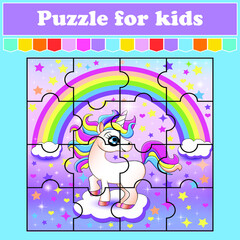 Puzzle game for kids. Illustration of a bright unicorn on a cloud with rainbow and stars. Education worksheet. Color activity page. Riddle for preschool. Isolated vector illustration. Cartoon style.