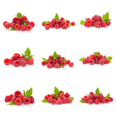 Raspberries collection with leaf isolated on white background