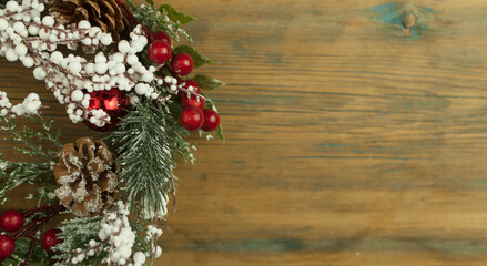 Festive Christmas fir tree on wooden background with space for your text