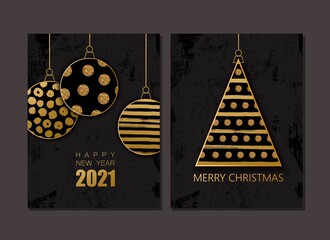 Merry Christmas and Happy New Year background with golden glitter balls, Christmas tree.