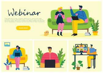 Webinar online concept illustration. Young man uses video chat on desktop and laptop to make conference. Work remotely from home. Flat modern vector illustration.