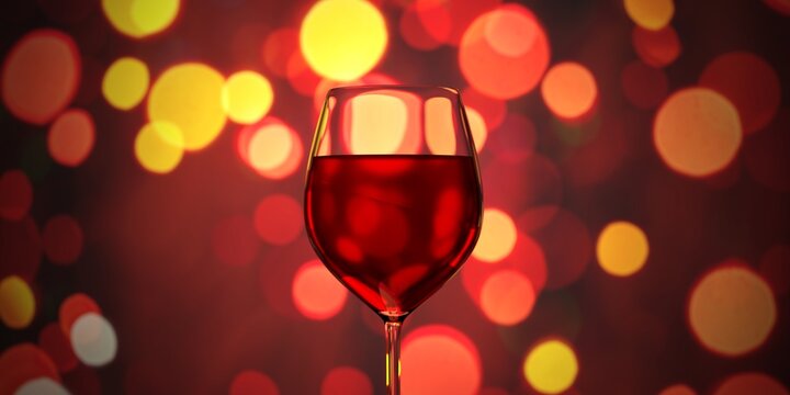 Red wine glass against christmas lights bokeh background. 3d illustration