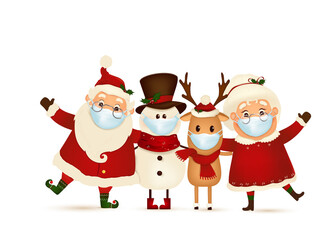 Merry Christmas. Happy new year. Funny Santa Claus with cute Mrs. Claus, red-nosed Reindeer, snowman with medical maskisolated. Mrs. Claus Together. Vector cartoon character of Santa Claus.