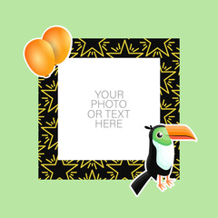 Photo frame with cartoon toucan and balloons design