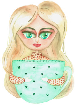 Cozy cup, hygge green cup, cute girl with green cup, template for postcard, stay home in cozy winter evening
