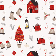 Winter seamless pattern with cottages, Christmas tree, candy canes, teapots and leaves. Scandinavian winter seamless pattern. Vector winter pattern