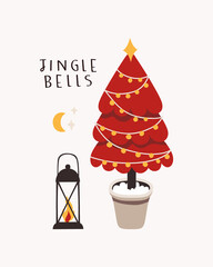 Merry Christmas greeting card tempale with Christmas tree. Winter holidays card or poster. Vector winter set