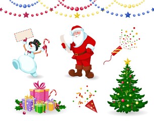 Obraz na płótnie Canvas Santa Claus, Snowman and Christmas tree with gifts. Santa Claus reads letter, the snowman holds an envelope in his hands. Set of elements for Merry Christmas and Happy New Year. Isolated. Vector