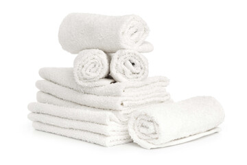 Fototapeta na wymiar several white beach cotton towels folded on white background