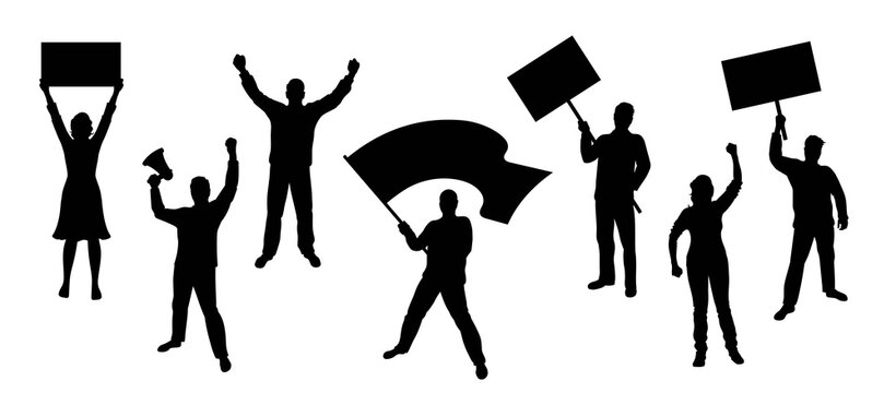Silhouettes of people with hands raised up. Protesters with banner, flag and megaphone. Demonstration, strike and revolution concept. Political protest and the fight for human rights. Isolated. Vector