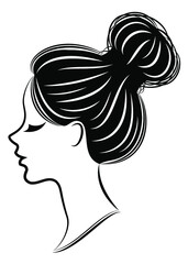 Silhouette of a profile of a sweet lady's head. The girl shows a female hairstyle on medium and long hair. Suitable for logo, advertising. Vector illustration.