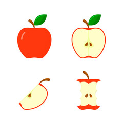 Apple icon Set, whole, half of fruit with leaf, stub. Vector isolated illustration