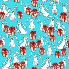 Gift red bow white rabbit seamless pattern on blue. Holiday art design stock vector illustration for web, for print, for fabric print