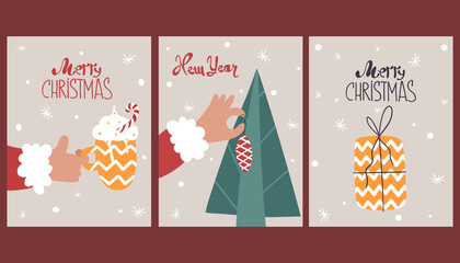 Set of cute Happy New Year greeting cards. Vector illustration in cartoon style.