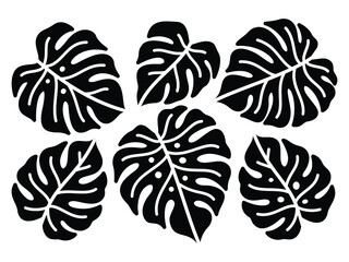 Set of tropical leaves. silhouette monstera leaf illustration. Symmetrical composition.  - obrazy, fototapety, plakaty