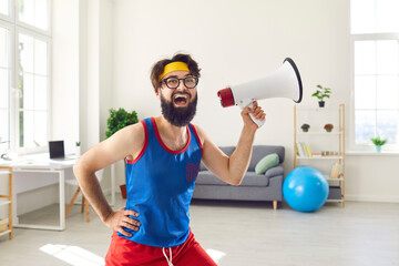 Funny fitness geek with megaphone shouting about amazing sale at the sports store