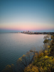 Cleveland ohio skyline from a drone showing edgewater park on the west side